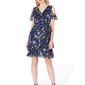 Tahari navy blue spring floral print faux wrap cold shoulder dress 6 AC26
